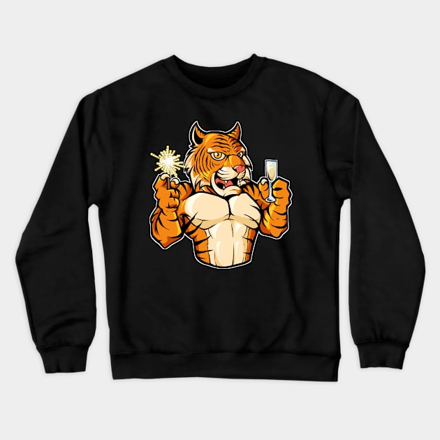 Tiger with Champagne and Sparkler - Happy new year Crewneck Sweatshirt by Modern Medieval Design